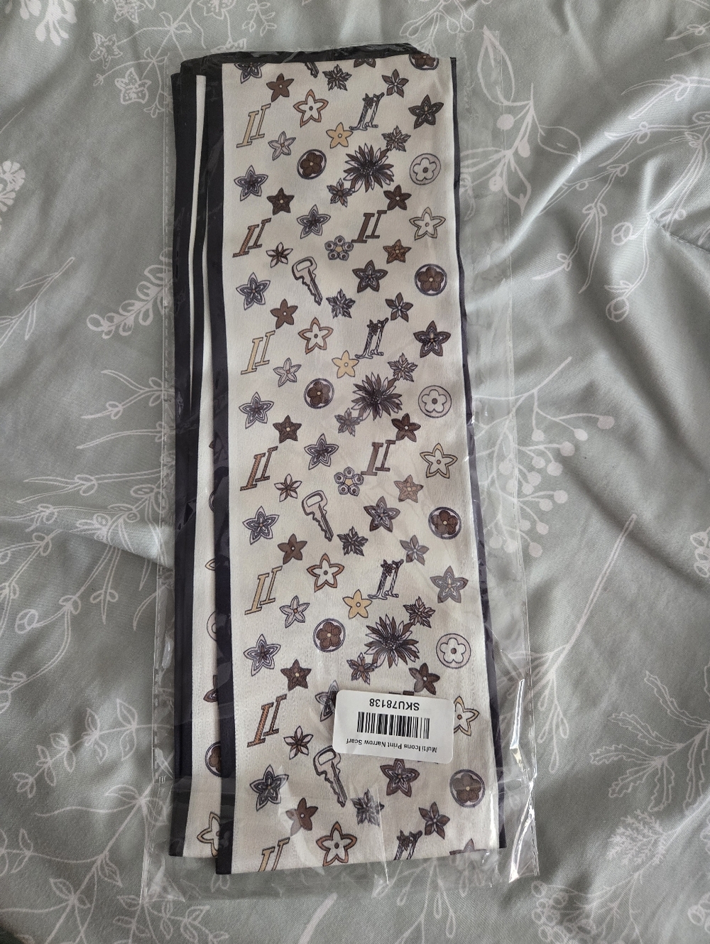 Boutique Multi Icons Print Narrow Scarf in Cream and Brown